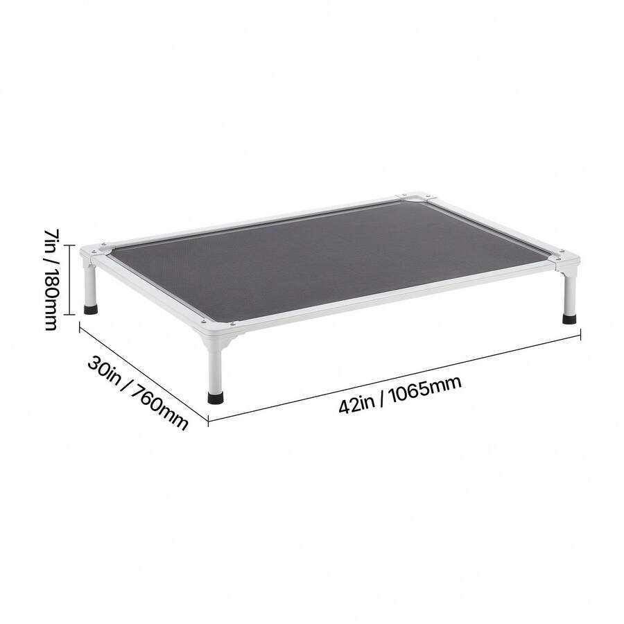Elevated dog bed for large dogs featuring gray breathable Teslin mesh and a durable metal frame for indoor and outdoor cooling.