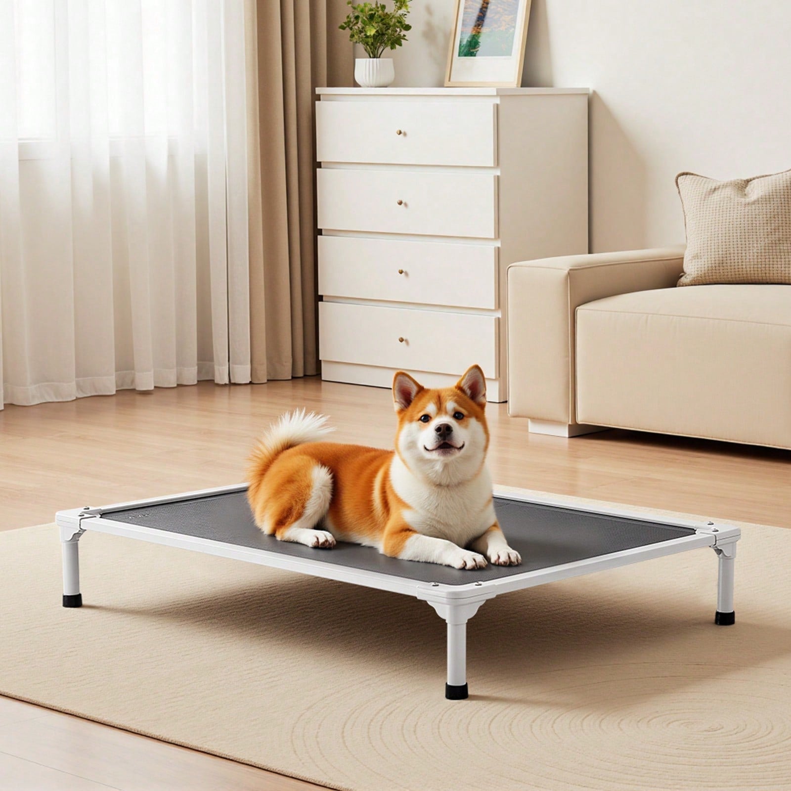 Elevated dog bed for large dogs featuring gray breathable Teslin mesh and a durable metal frame for indoor and outdoor cooling.