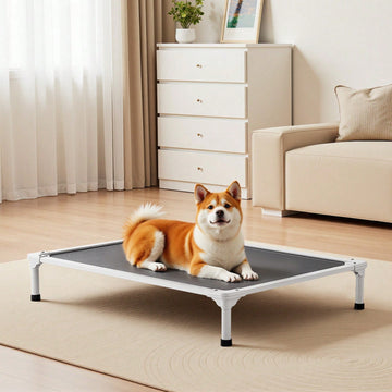 Elevated dog bed for large dogs featuring gray breathable Teslin mesh and a durable metal frame for indoor and outdoor cooling.