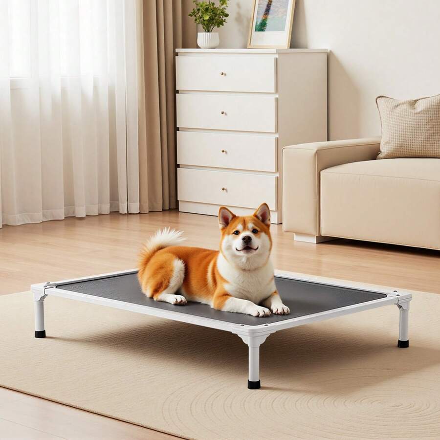 Elevated dog bed for large dogs featuring gray breathable Teslin mesh and a durable metal frame for indoor and outdoor cooling.