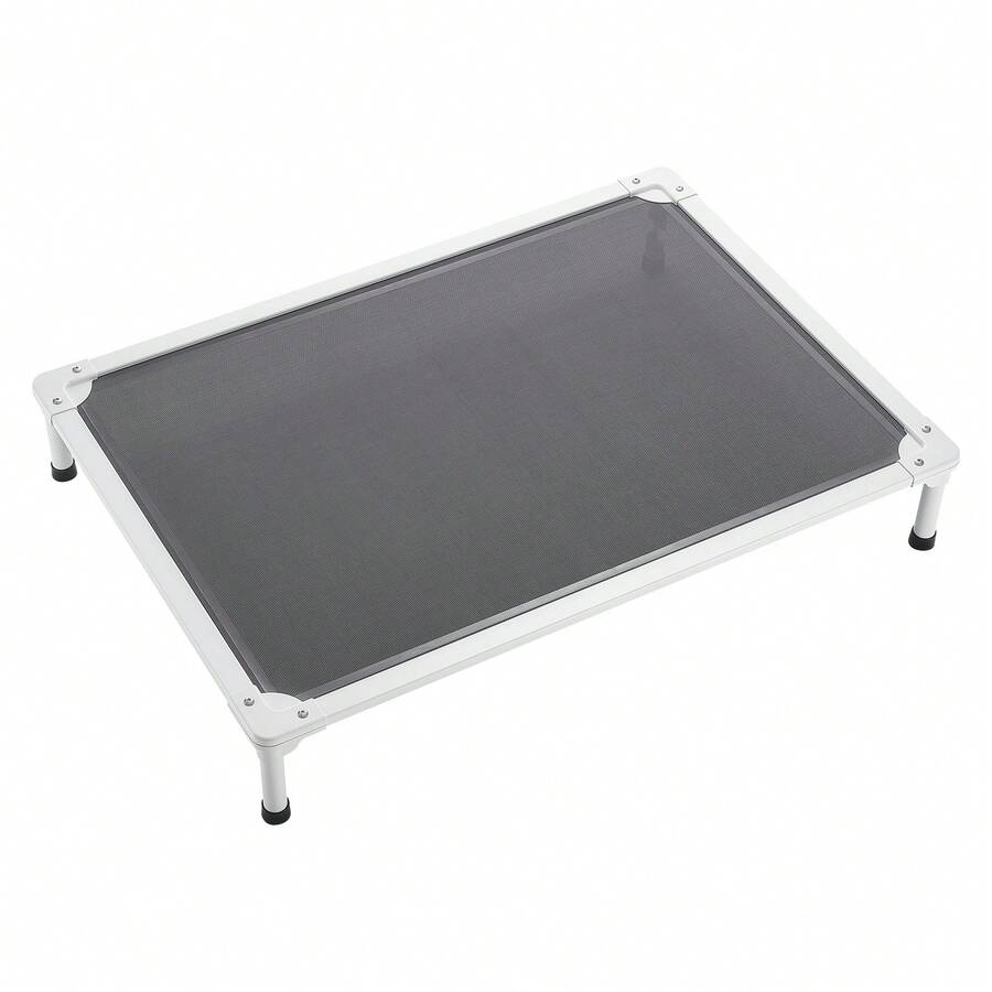Elevated dog bed for large dogs featuring gray breathable Teslin mesh and a durable metal frame for indoor and outdoor cooling.
