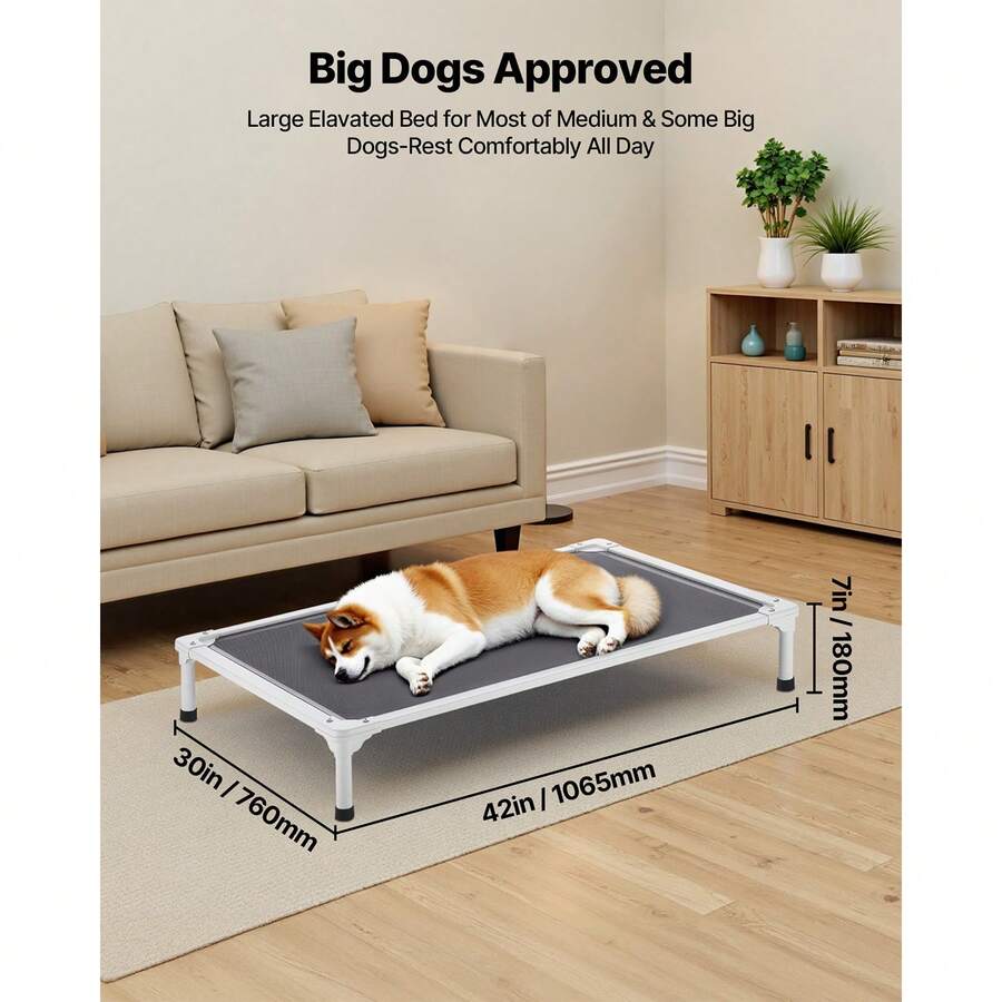 Elevated dog bed for large dogs featuring gray breathable Teslin mesh and a durable metal frame for indoor and outdoor cooling.
