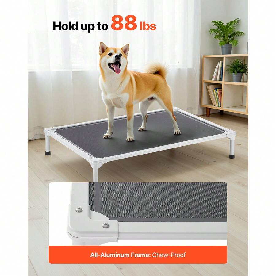 Elevated dog bed for large dogs featuring gray breathable Teslin mesh and a durable metal frame for indoor and outdoor cooling.