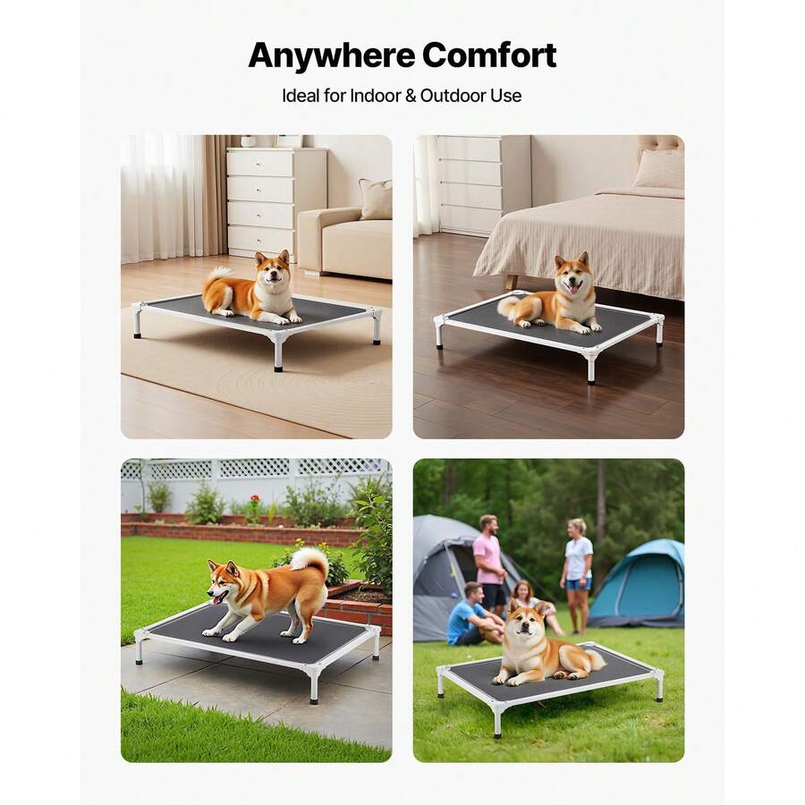 Elevated dog bed for large dogs featuring gray breathable Teslin mesh and a durable metal frame for indoor and outdoor cooling.