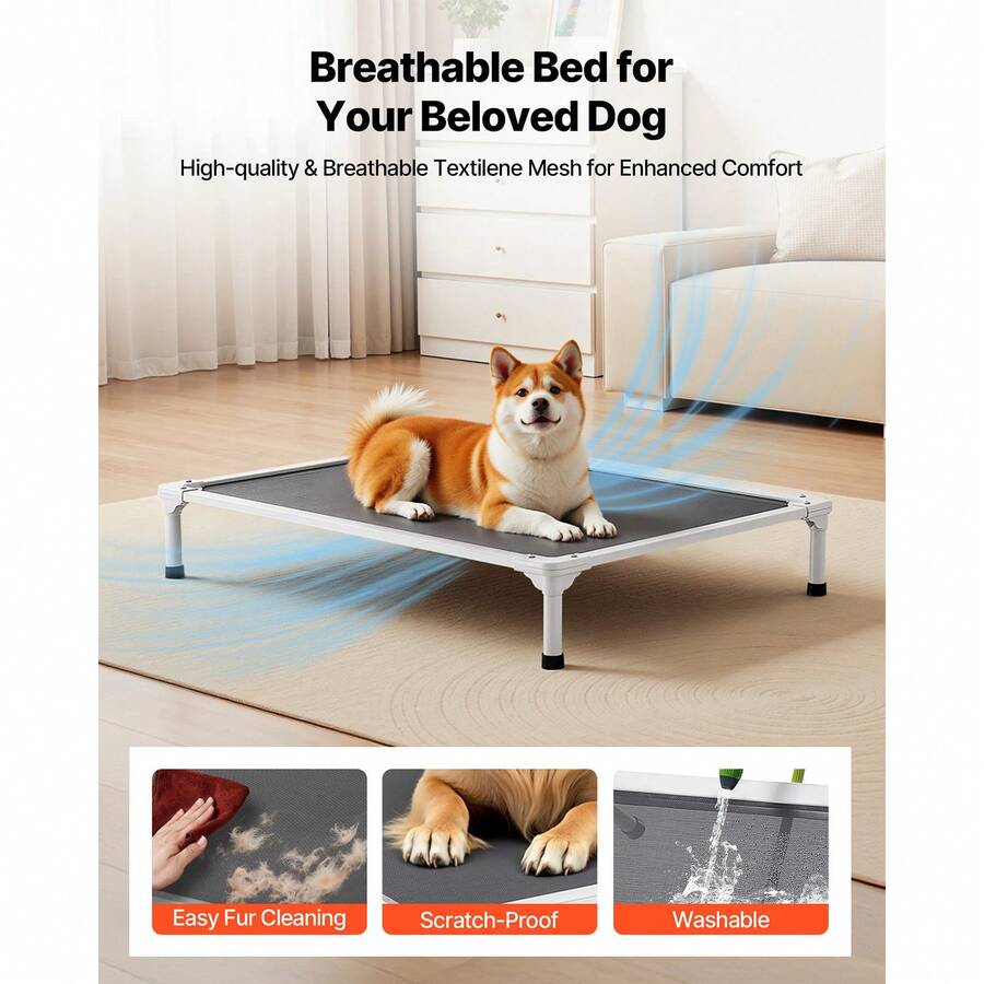 Elevated dog bed for large dogs featuring gray breathable Teslin mesh and a durable metal frame for indoor and outdoor cooling.