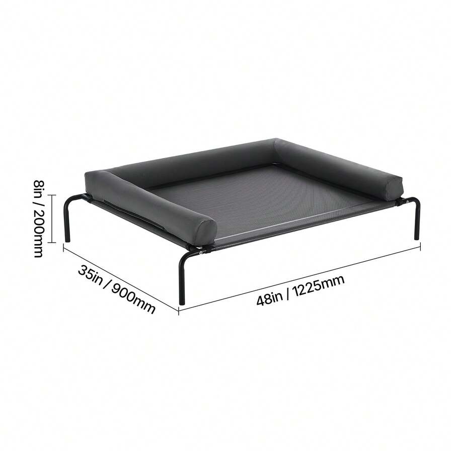 Elevated dog bed for large dogs featuring gray breathable Teslin mesh and a durable metal frame for indoor and outdoor cooling.