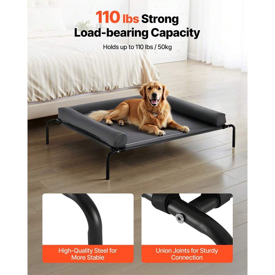 Elevated dog bed for large dogs featuring gray breathable Teslin mesh and a durable metal frame for indoor and outdoor cooling.