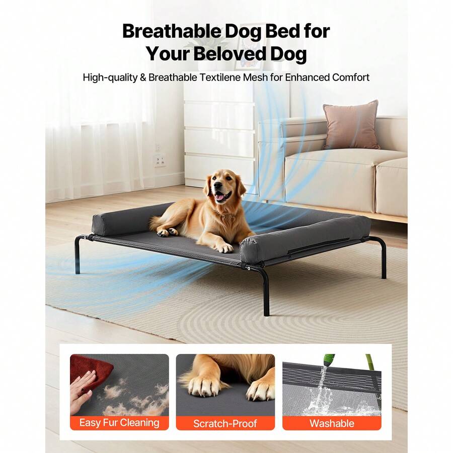 Elevated dog bed for large dogs featuring gray breathable Teslin mesh and a durable metal frame for indoor and outdoor cooling.