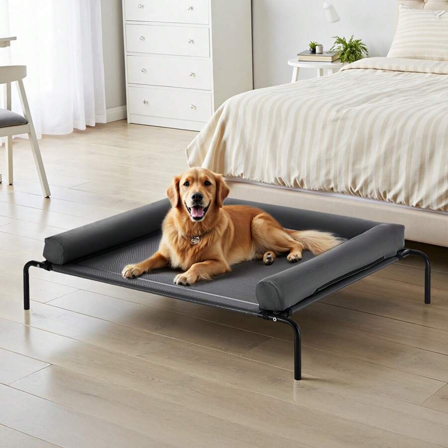 Elevated dog bed for large dogs featuring gray breathable Teslin mesh and a durable metal frame for indoor and outdoor cooling.