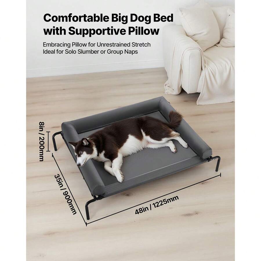 Elevated dog bed for large dogs featuring gray breathable Teslin mesh and a durable metal frame for indoor and outdoor cooling.