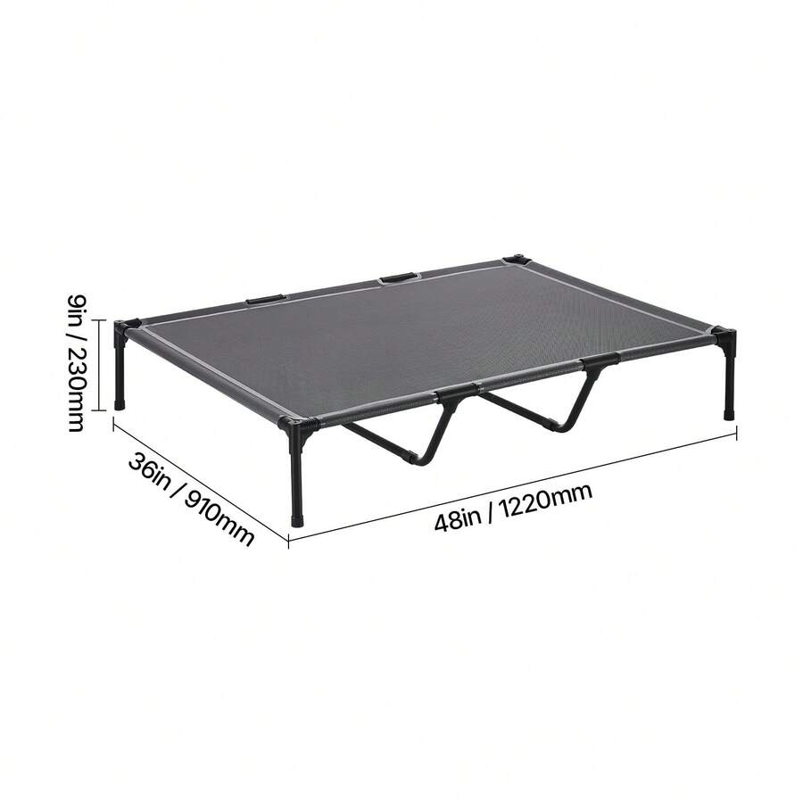 Elevated dog bed for large dogs featuring gray breathable Teslin mesh and a durable metal frame for indoor and outdoor cooling.