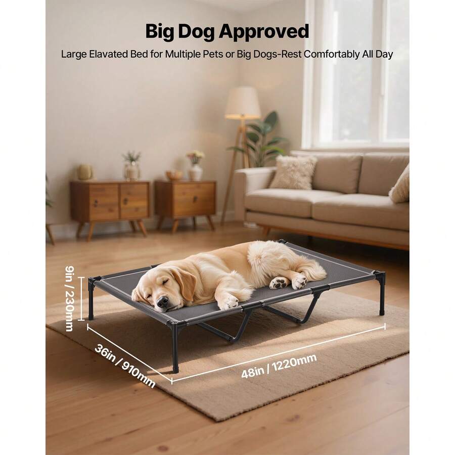 Elevated dog bed for large dogs featuring gray breathable Teslin mesh and a durable metal frame for indoor and outdoor cooling.