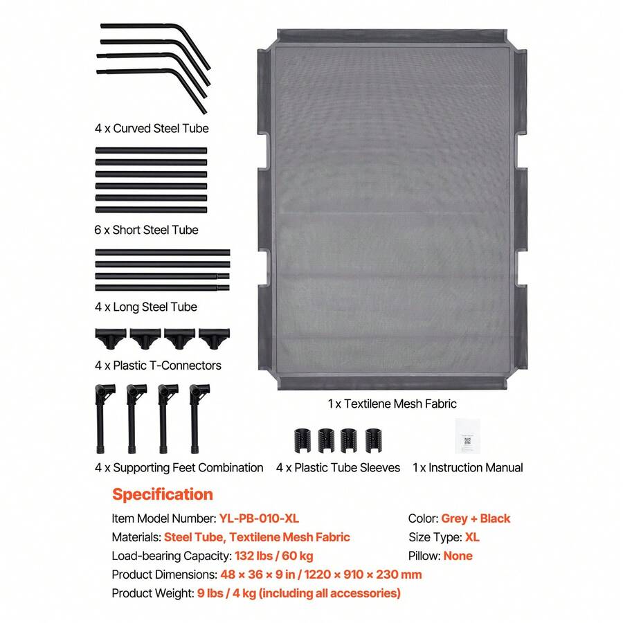 Elevated dog bed for large dogs featuring gray breathable Teslin mesh and a durable metal frame for indoor and outdoor cooling.