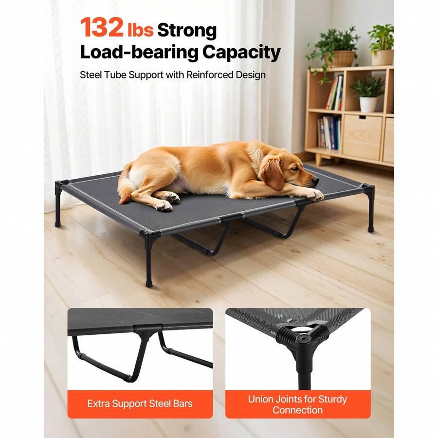 Elevated dog bed for large dogs featuring gray breathable Teslin mesh and a durable metal frame for indoor and outdoor cooling.