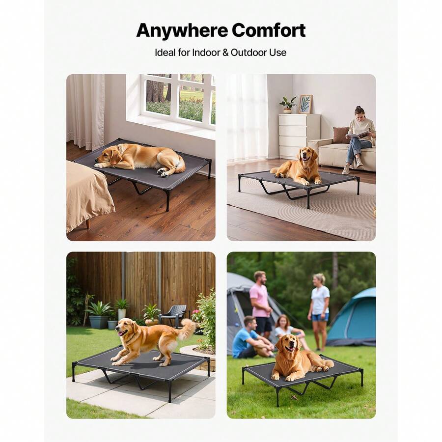 Elevated dog bed for large dogs featuring gray breathable Teslin mesh and a durable metal frame for indoor and outdoor cooling.