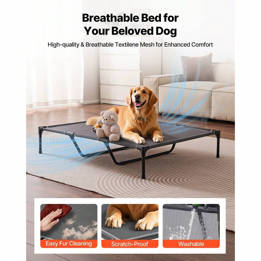 Elevated dog bed for large dogs featuring gray breathable Teslin mesh and a durable metal frame for indoor and outdoor cooling.