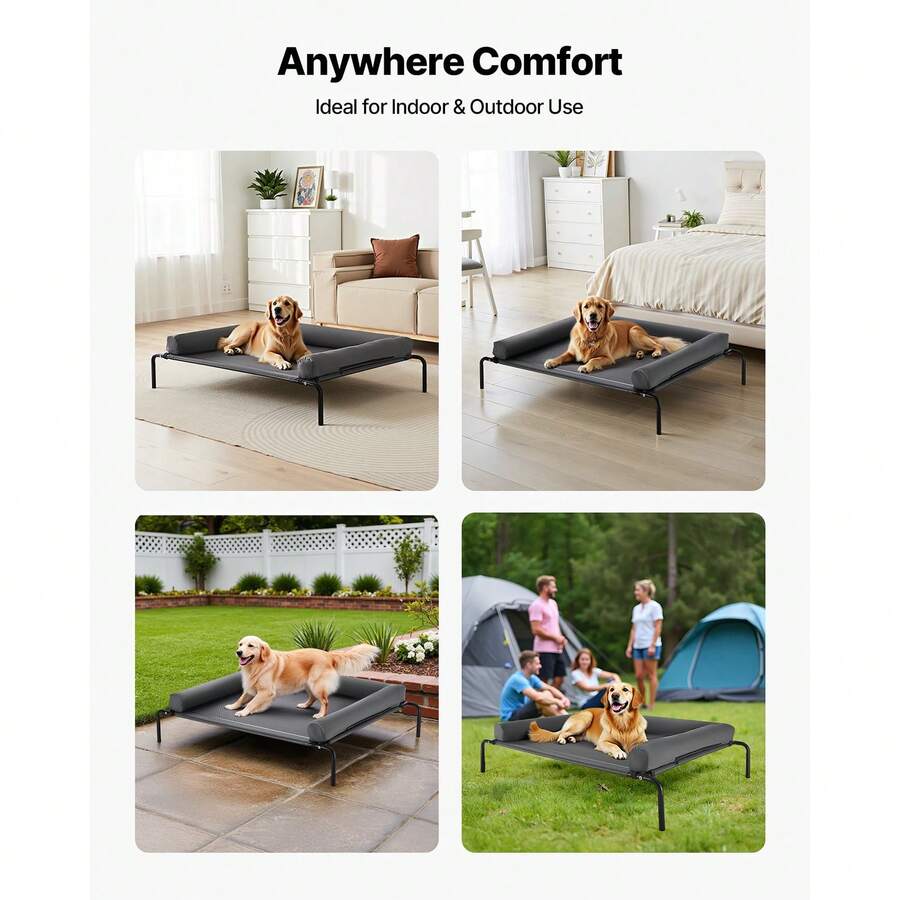 Elevated dog bed for large dogs featuring gray breathable Teslin mesh and a durable metal frame for indoor and outdoor cooling.