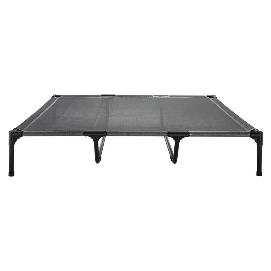 Elevated dog bed for large dogs featuring gray breathable Teslin mesh and a durable metal frame for indoor and outdoor cooling.