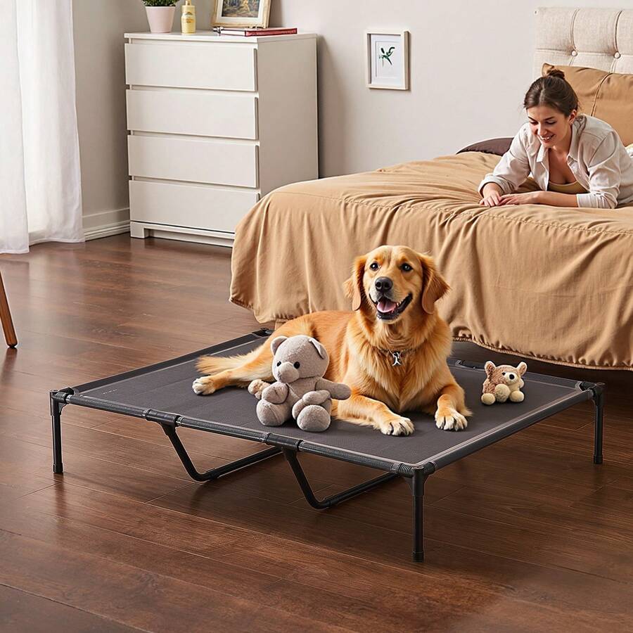 Elevated dog bed for large dogs featuring gray breathable Teslin mesh and a durable metal frame for indoor and outdoor cooling.