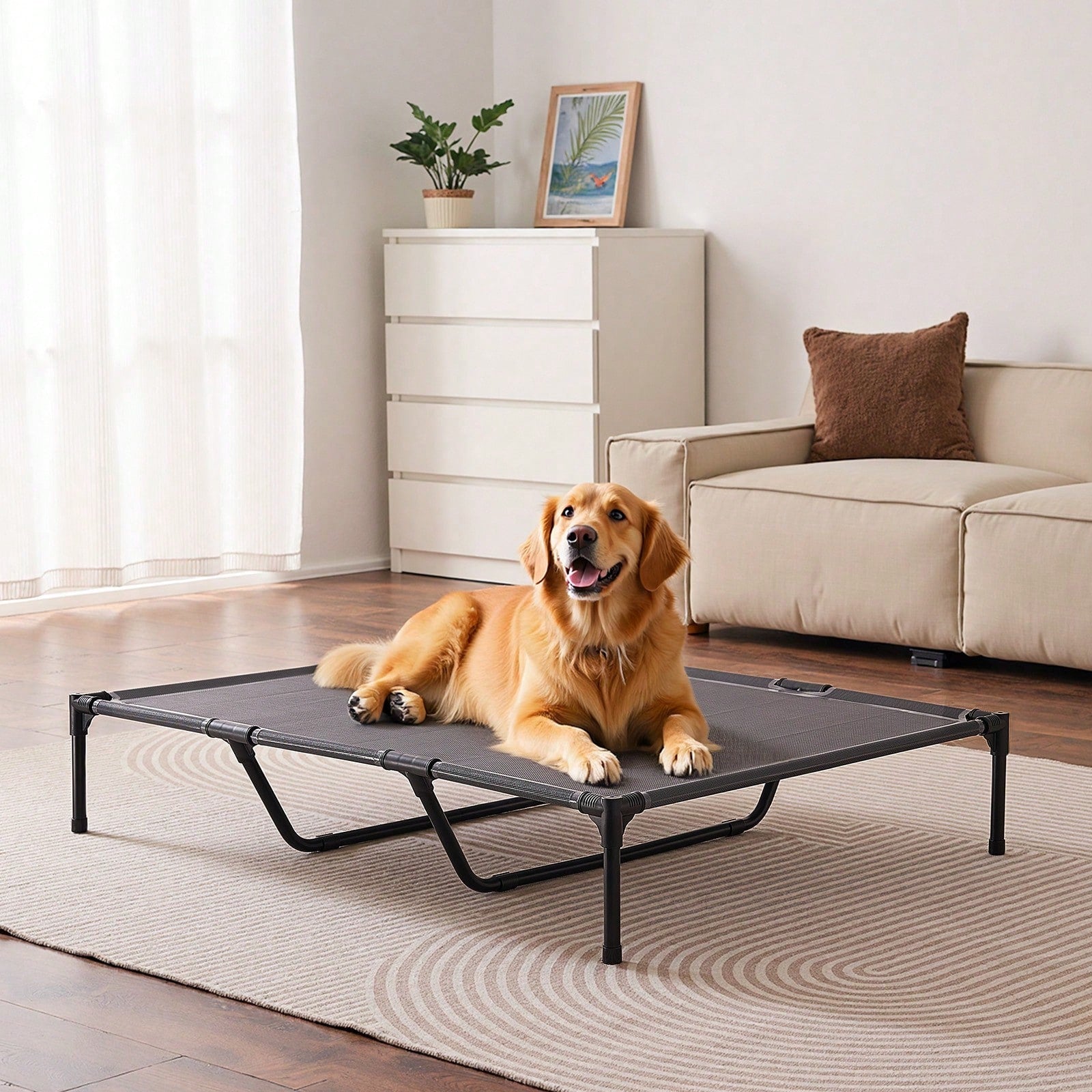 Elevated dog bed for large dogs featuring gray breathable Teslin mesh and a durable metal frame for indoor and outdoor cooling.