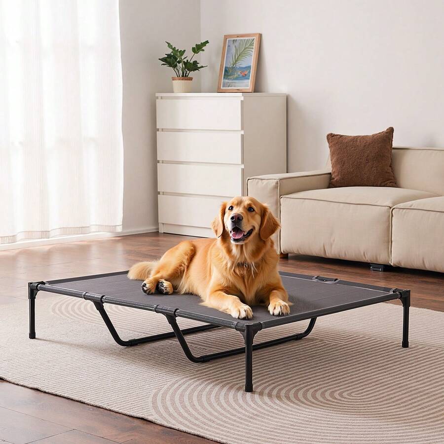 Elevated dog bed for large dogs featuring gray breathable Teslin mesh and a durable metal frame for indoor and outdoor cooling.