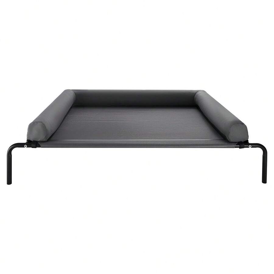 Elevated dog bed for large dogs featuring gray breathable Teslin mesh and a durable metal frame for indoor and outdoor cooling.