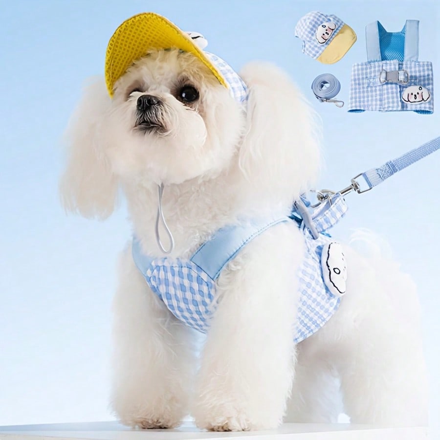 Brown polyester dog harness leash set with hoodie for small and medium dogs and cats, adjustable and washable pet walking outfit