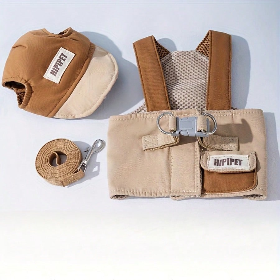 Brown polyester dog harness leash set with hoodie for small and medium dogs and cats, adjustable and washable pet walking outfit
