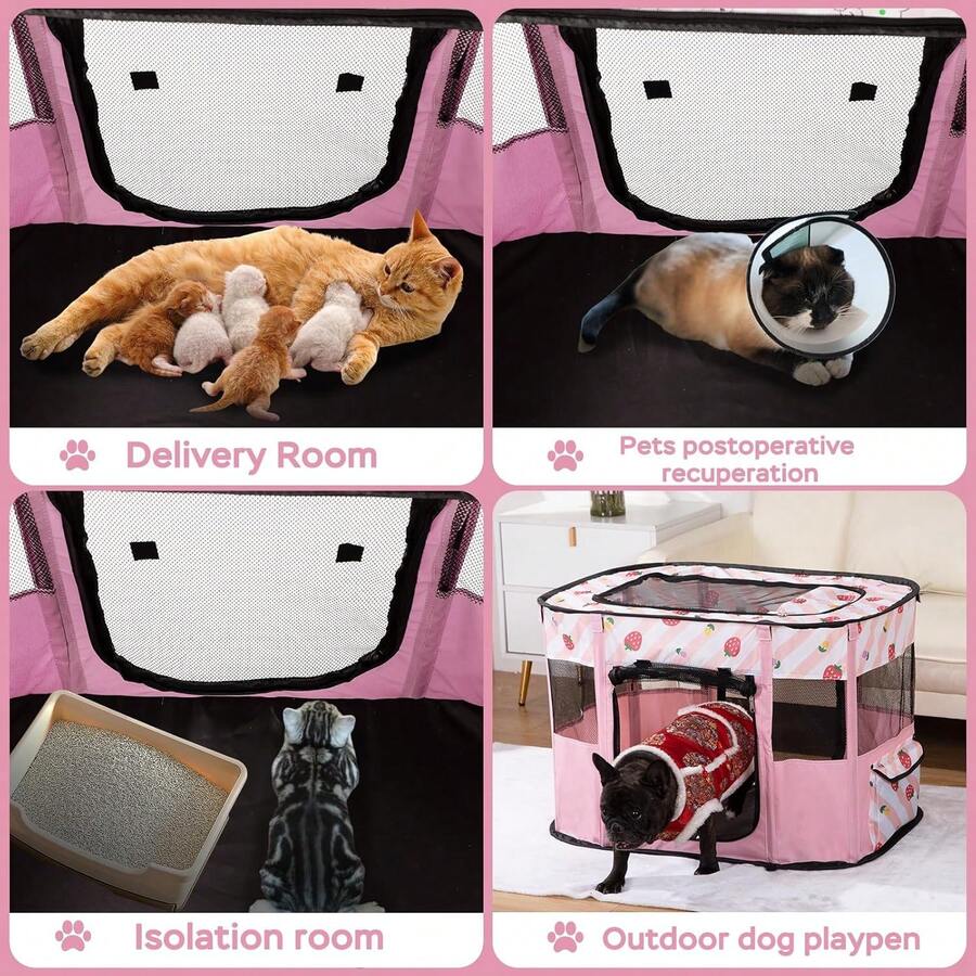 Pink foldable portable pet playpen tent crate cage made of Oxford fabric for dogs and cats