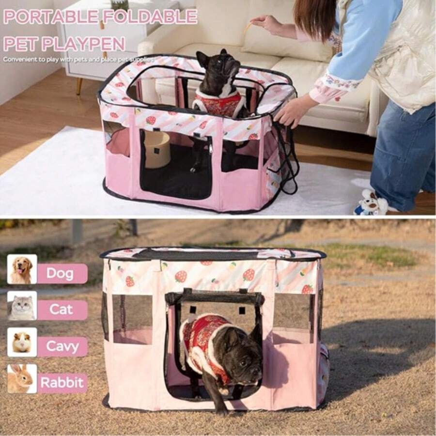 Pink foldable portable pet playpen tent crate cage made of Oxford fabric for dogs and cats