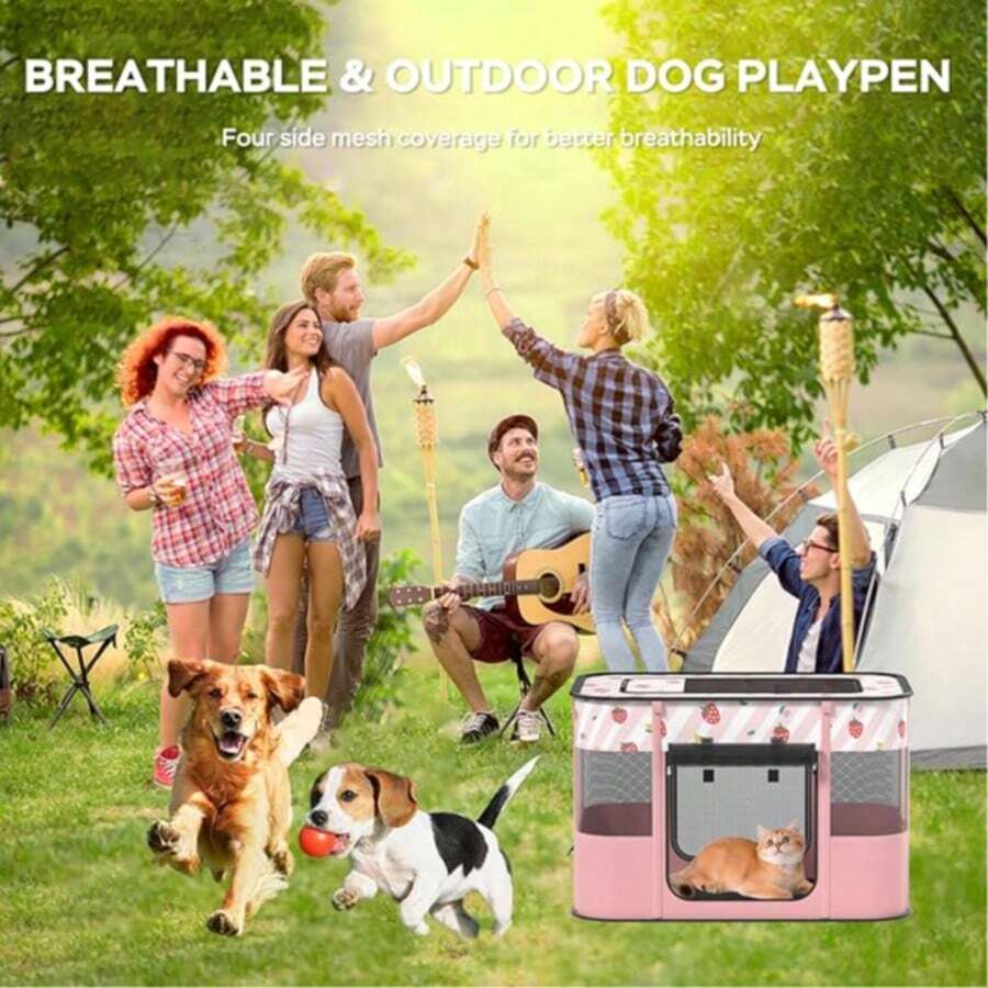 Pink foldable portable pet playpen tent crate cage made of Oxford fabric for dogs and cats