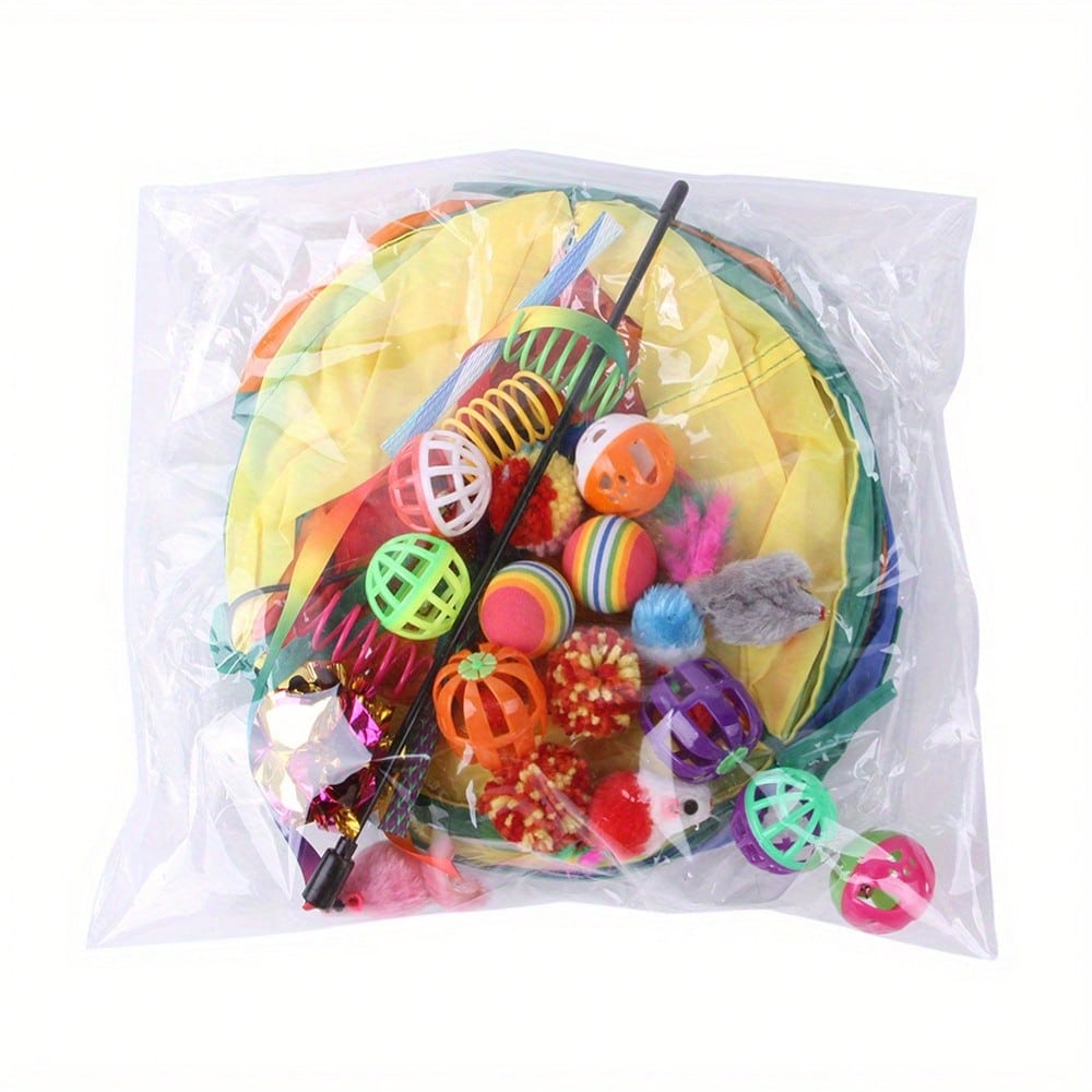 24pcs Interactive Cat Toy Set, Includes Foldable Tunnel, Artificial Feather Teaser Wand And Rustling Toy Balls - Indoor Cat Multi-Function Stimulating Toy Set - Durable Polyester Material, Variety Of Styles - Perfect Gift For Cat Lovers