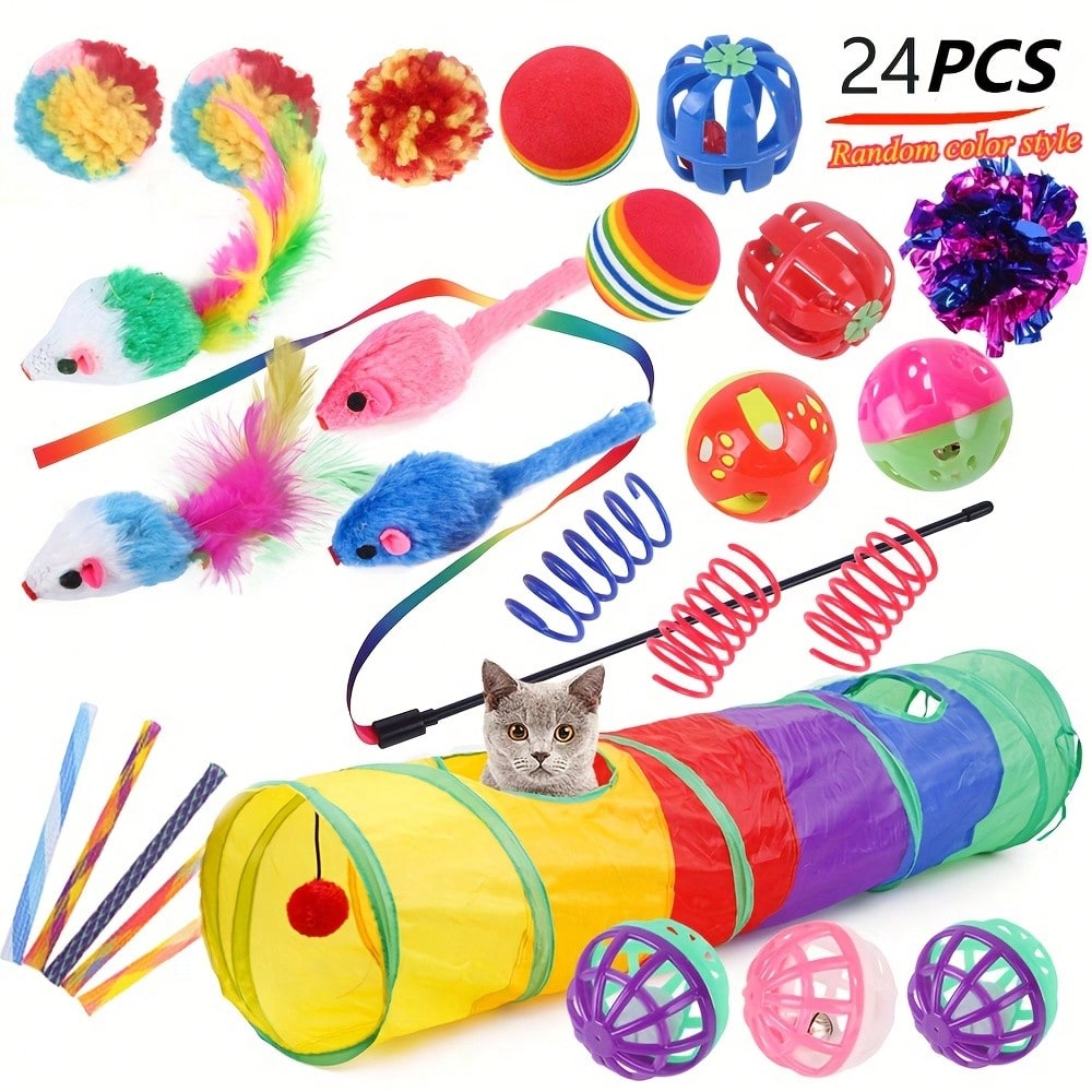 24pcs Interactive Cat Toy Set, Includes Foldable Tunnel, Artificial Feather Teaser Wand And Rustling Toy Balls - Indoor Cat Multi-Function Stimulating Toy Set - Durable Polyester Material, Variety Of Styles - Perfect Gift For Cat Lovers