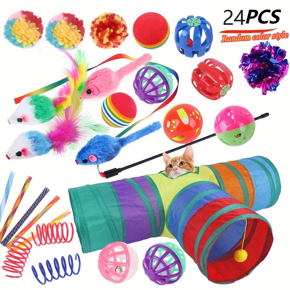 24pcs Interactive Cat Toy Set, Includes Foldable Tunnel, Artificial Feather Teaser Wand And Rustling Toy Balls - Indoor Cat Multi-Function Stimulating Toy Set - Durable Polyester Material, Variety Of Styles - Perfect Gift For Cat Lovers