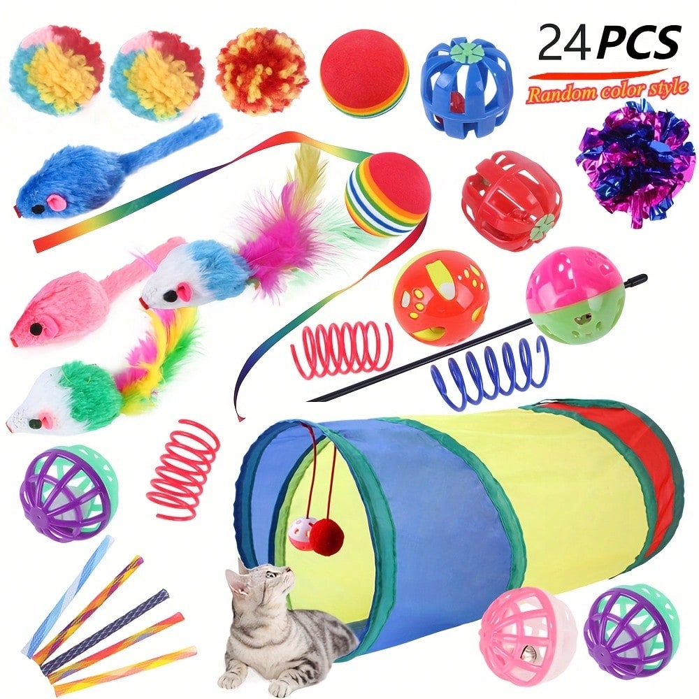 24pcs Interactive Cat Toy Set, Includes Foldable Tunnel, Artificial Feather Teaser Wand And Rustling Toy Balls - Indoor Cat Multi-Function Stimulating Toy Set - Durable Polyester Material, Variety Of Styles - Perfect Gift For Cat Lovers