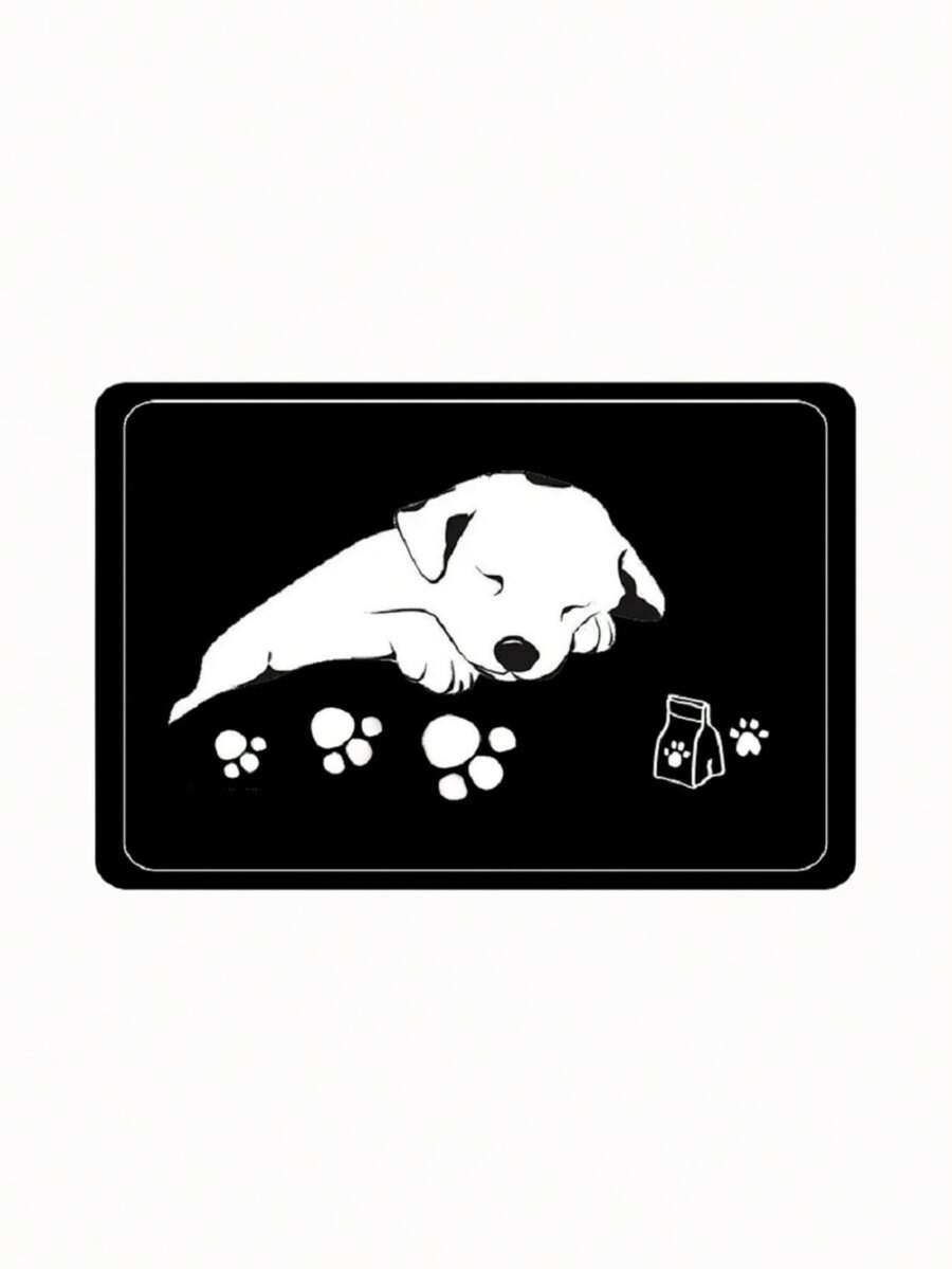 Black and white cartoon diatomite pet feeding mat placed under dog and cat food and water bowls to catch spills.