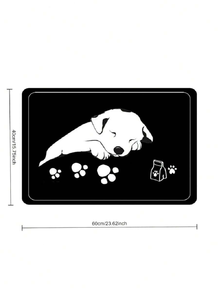Black and white cartoon diatomite pet feeding mat placed under dog and cat food and water bowls to catch spills.