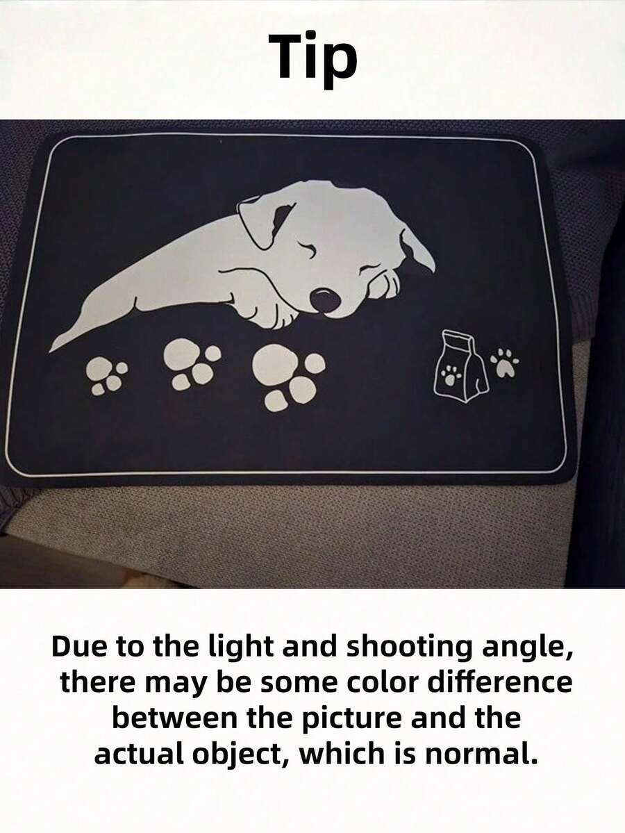 Black and white cartoon diatomite pet feeding mat placed under dog and cat food and water bowls to catch spills.