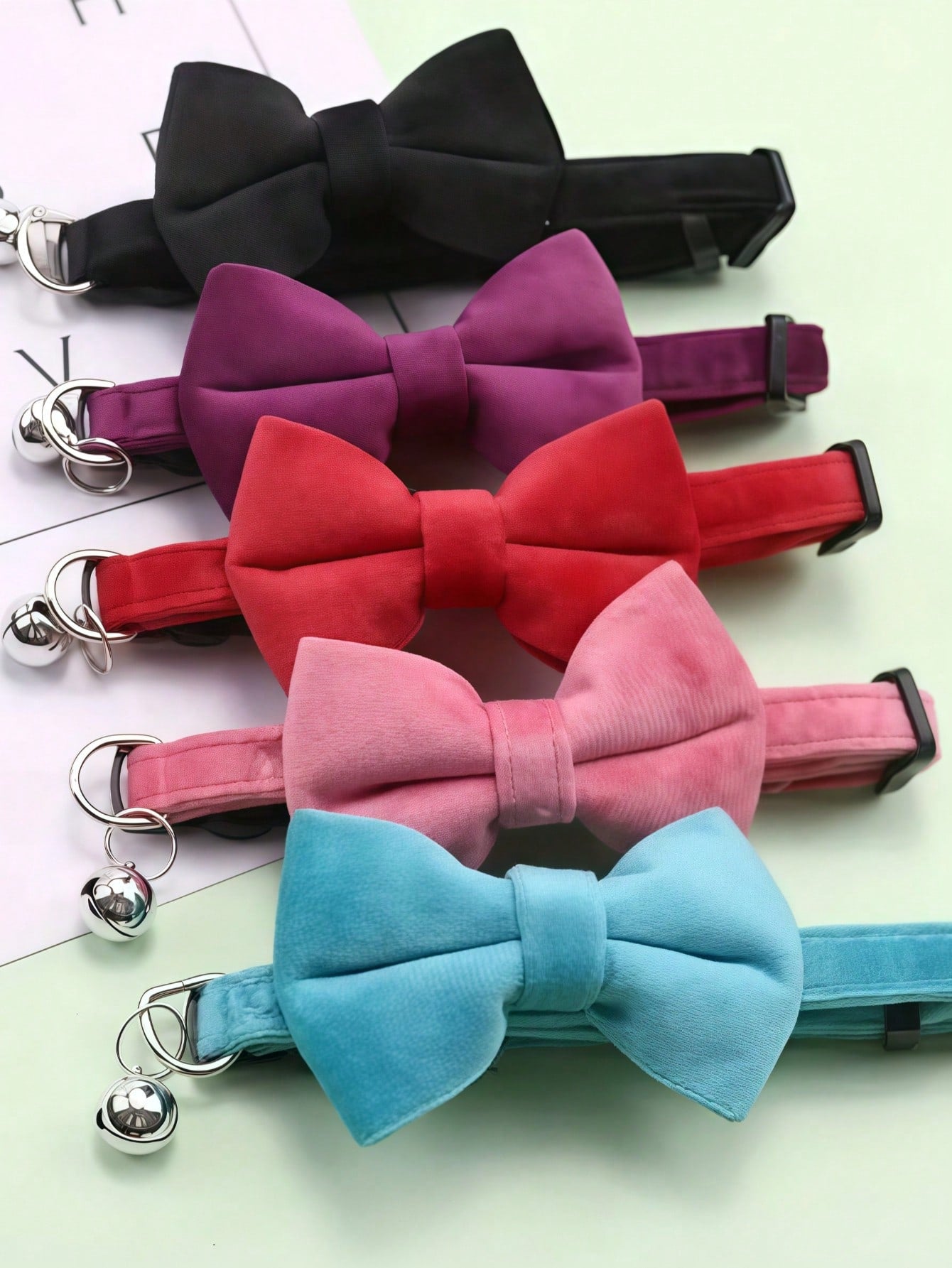 Multicolor adjustable polyester pet collar with bell and bow tie for cats and small dogs