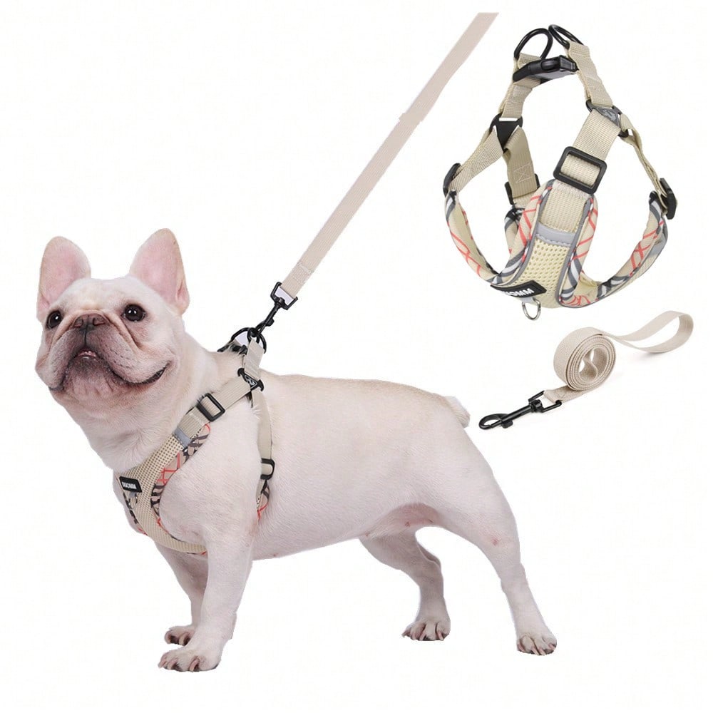 Beige printed polyester dog harness and leash set with breathable mesh, reflective details, and escape-proof design for small to medium dogs.