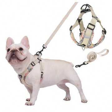 Beige printed polyester dog harness and leash set with breathable mesh, reflective details, and escape-proof design for small to medium dogs.