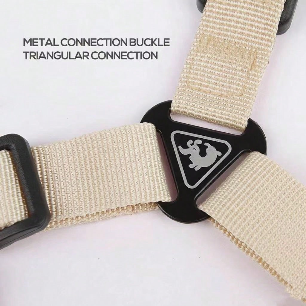 Beige printed polyester dog harness and leash set with breathable mesh, reflective details, and escape-proof design for small to medium dogs.