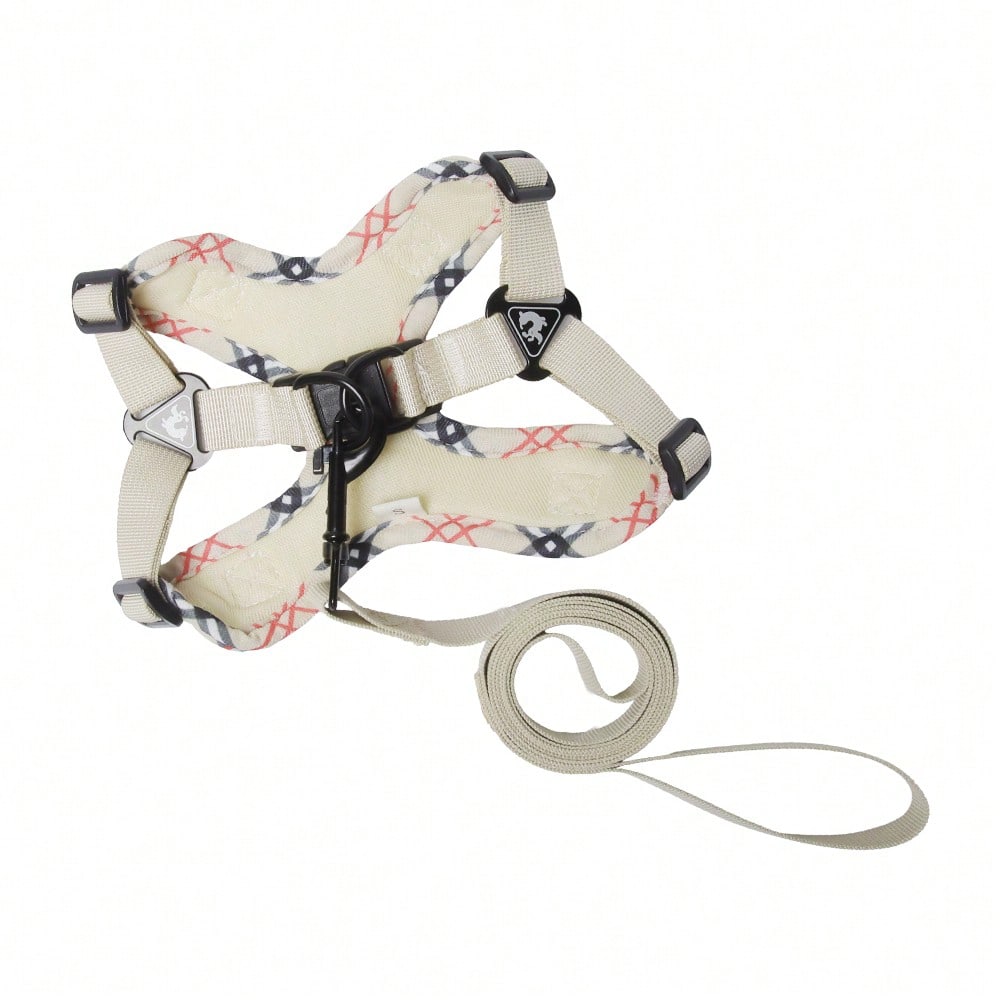 Beige printed polyester dog harness and leash set with breathable mesh, reflective details, and escape-proof design for small to medium dogs.