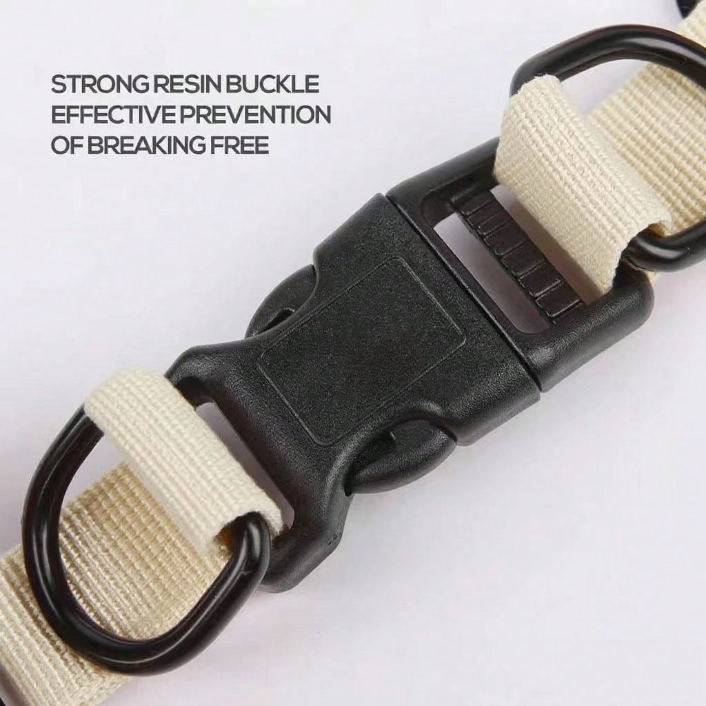 Beige printed polyester dog harness and leash set with breathable mesh, reflective details, and escape-proof design for small to medium dogs.