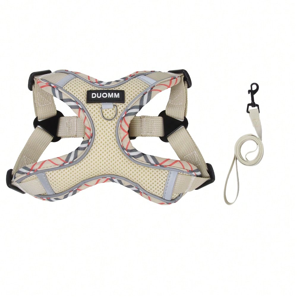 Beige printed polyester dog harness and leash set with breathable mesh, reflective details, and escape-proof design for small to medium dogs.