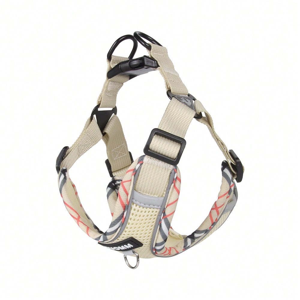 Beige printed polyester dog harness and leash set with breathable mesh, reflective details, and escape-proof design for small to medium dogs.