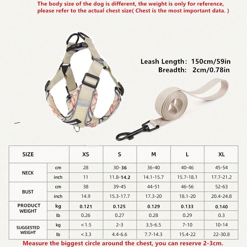 Beige printed polyester dog harness and leash set with breathable mesh, reflective details, and escape-proof design for small to medium dogs.