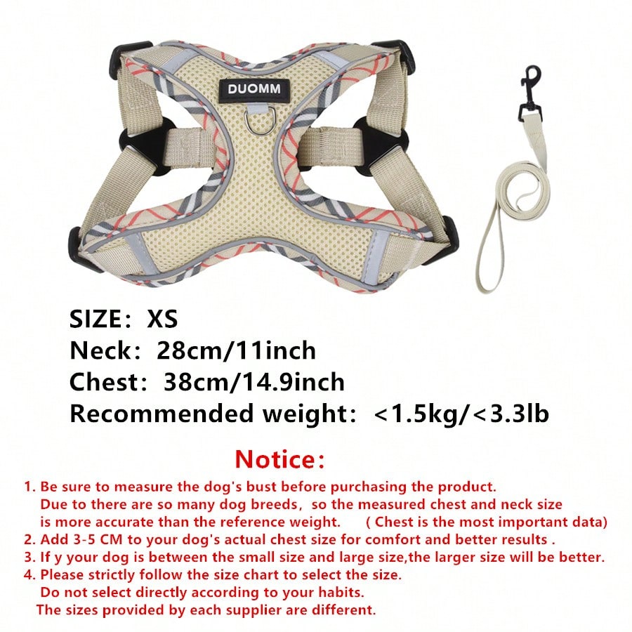 Beige printed polyester dog harness and leash set with breathable mesh, reflective details, and escape-proof design for small to medium dogs.