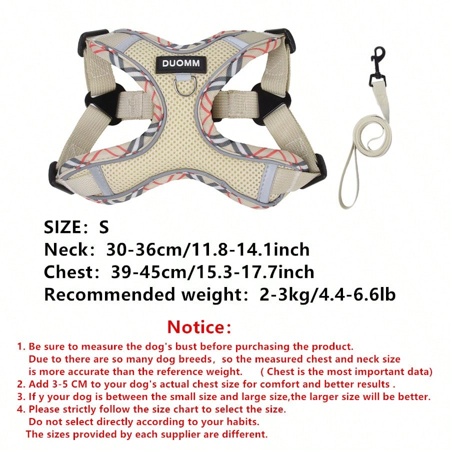 Beige printed polyester dog harness and leash set with breathable mesh, reflective details, and escape-proof design for small to medium dogs.