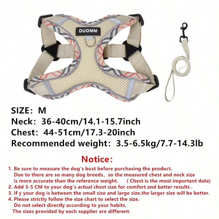 Beige printed polyester dog harness and leash set with breathable mesh, reflective details, and escape-proof design for small to medium dogs.